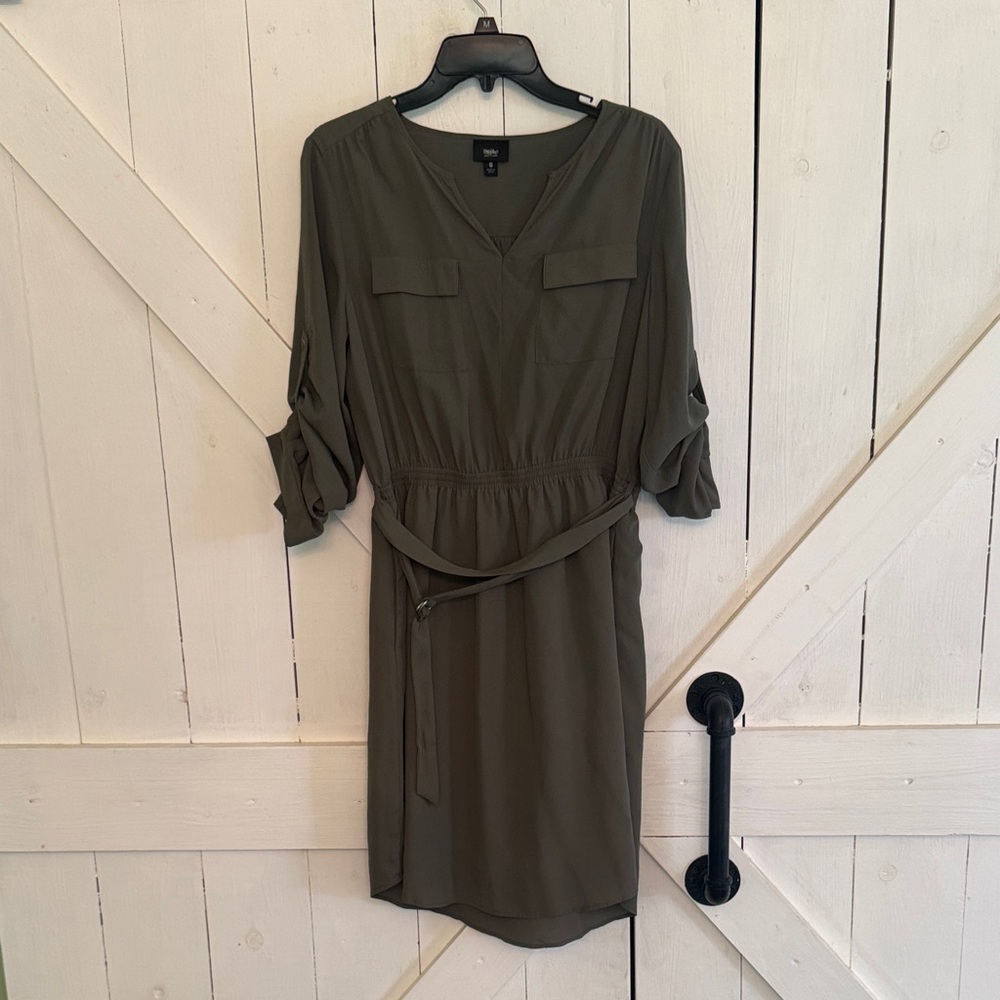 Massimo Olive Green Long Sleeve Shirt Dress with Tie Waist